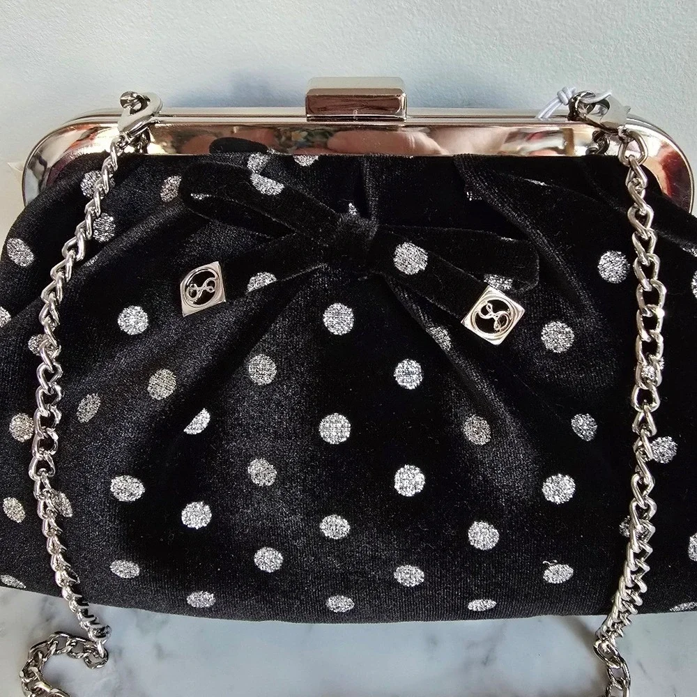 Sam & Libby New Brandi Velvet Black Polka Dot Bow Hobo Chain Crossbody Clutch
